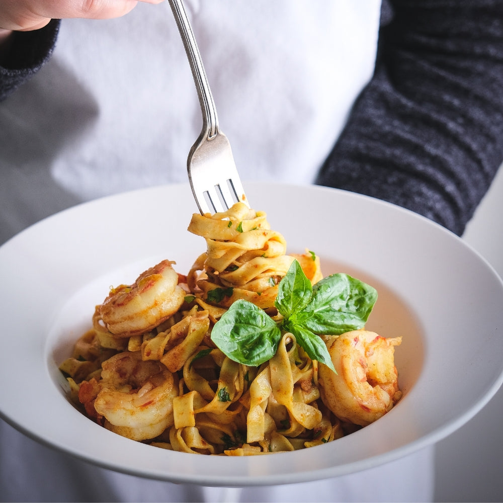 Volkoren spaghetti met gamba's en gegrilde aubergine